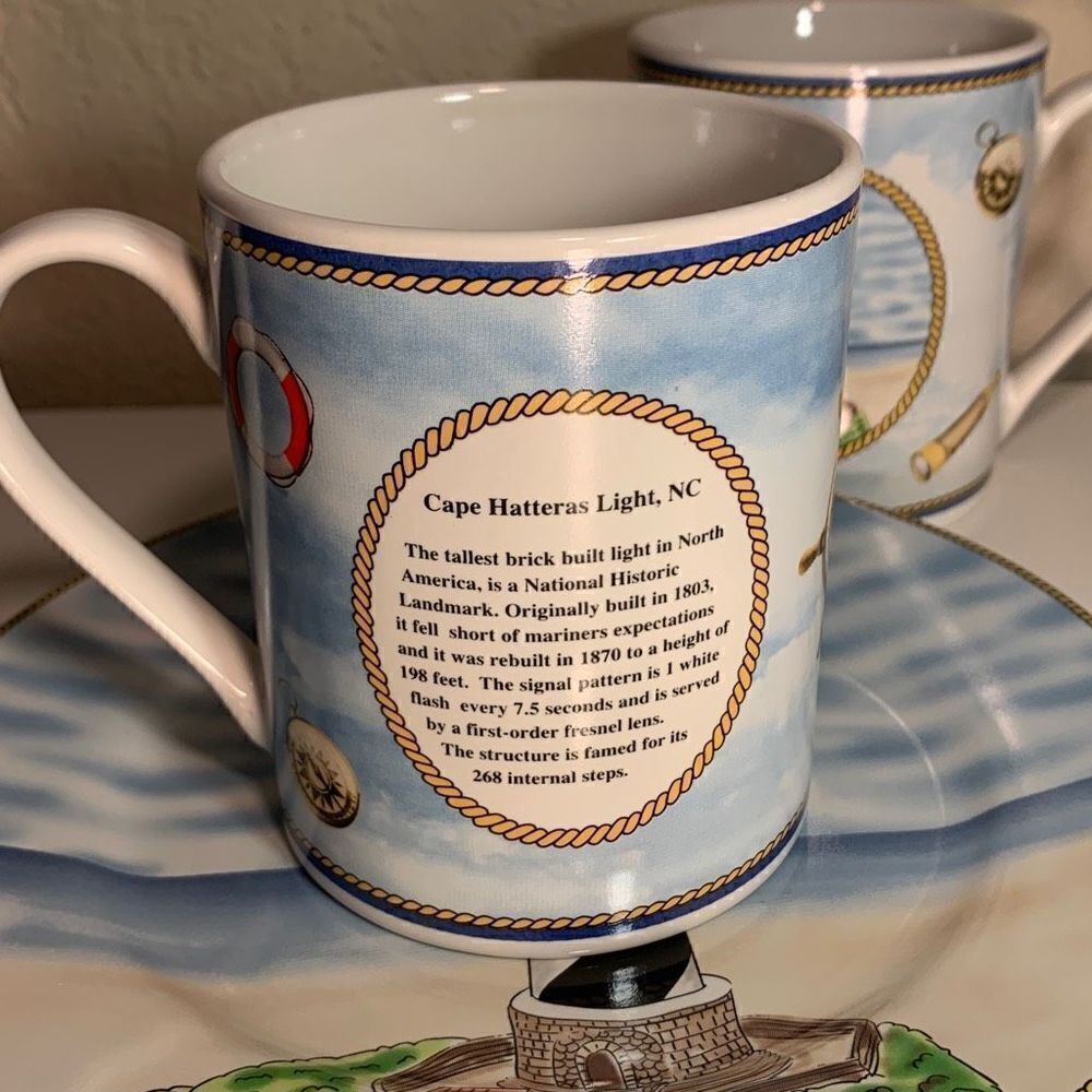 Royal Norfolk Coffee Mug Cape Hatteras Light, NC Lighthouse 2 Mugs and 1 Dish - Picture 4 of 8